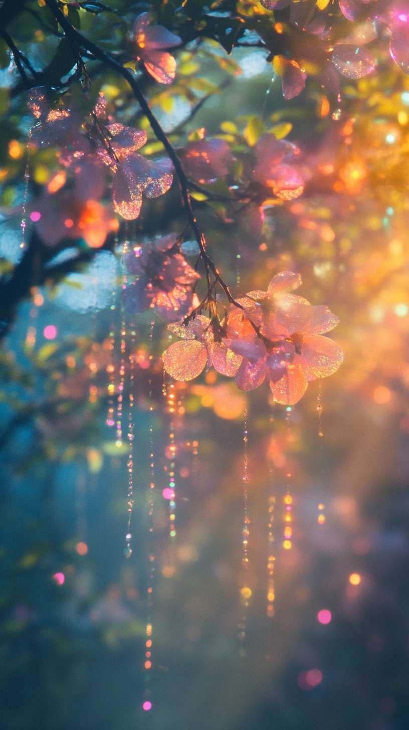 Árvores da floresta com flores de cristal brilhando em suave luz de arco-íris