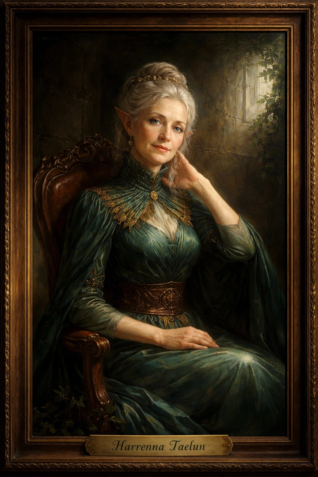 Elderly elf woman in an elegant satin portrait painting