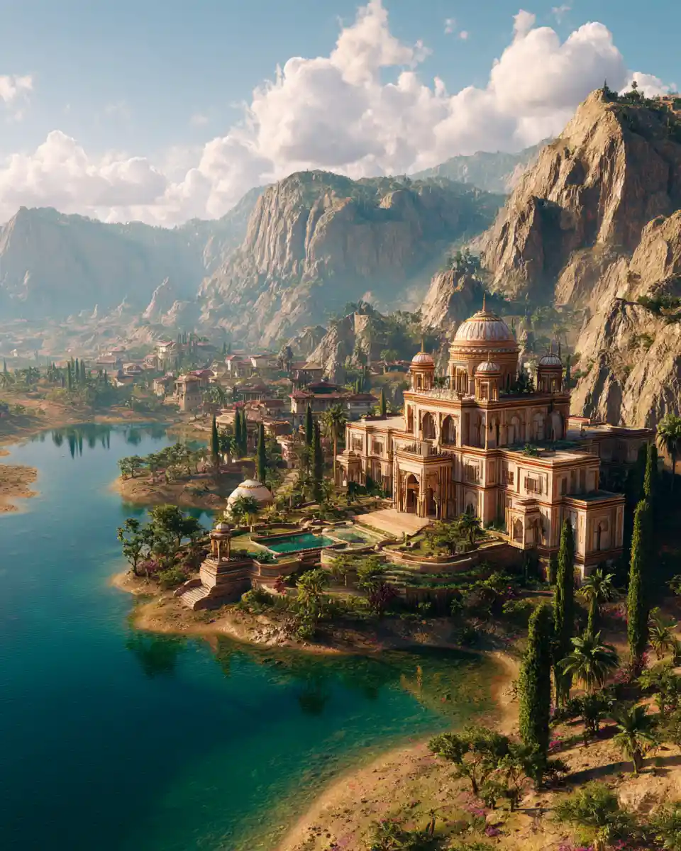 Majestic Persian villa overlooking a tranquil mountain lake
