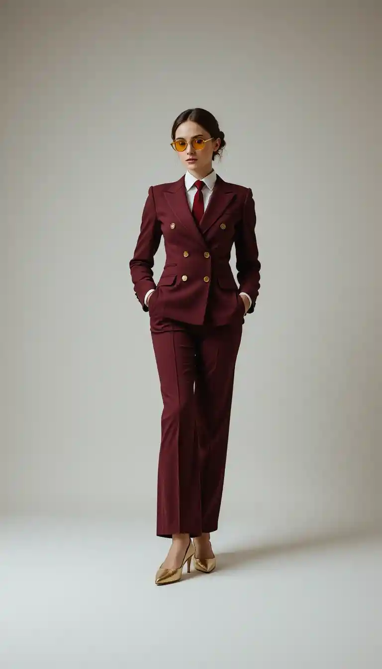 Donna sicura di sé in tailleur bordeaux in un ritratto in studio