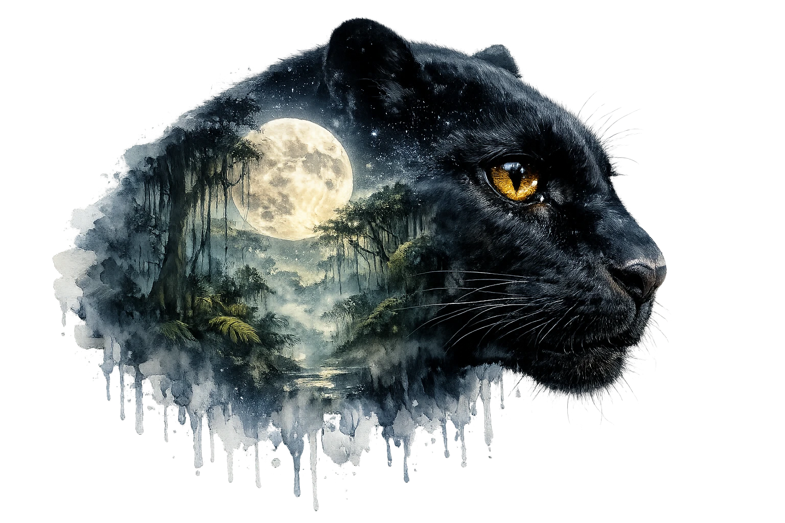 Surrealistisches Schwarzer-Panther-Profil mit leuchtendem Dschungel im Mondlicht