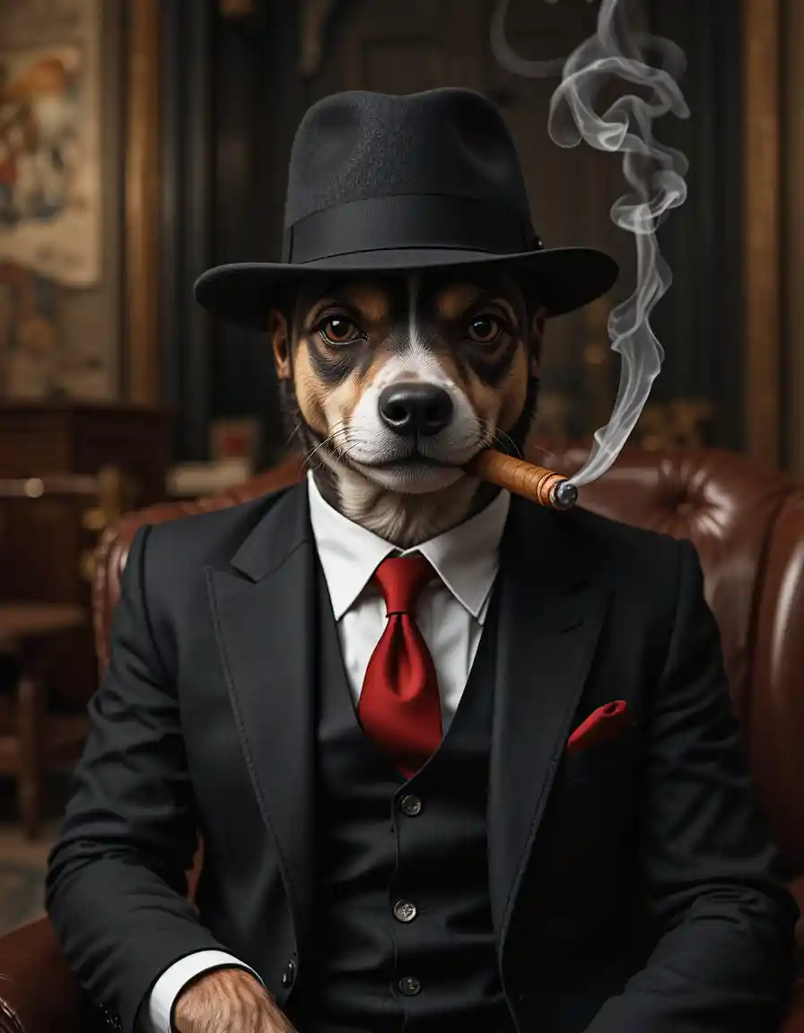 Elegante cane mafioso in abito nero con cravatta rossa che fuma un sigaro