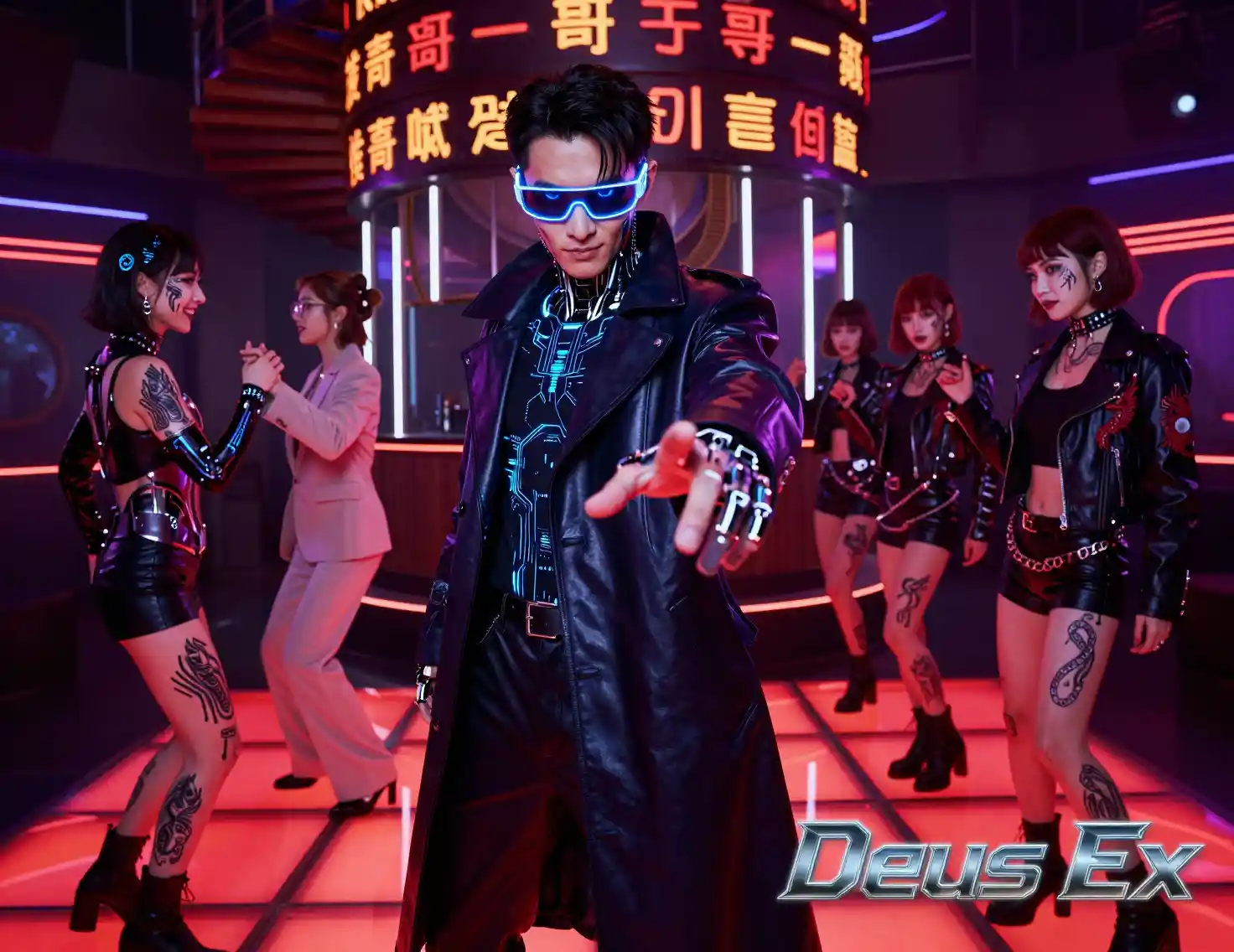 Cyberpunk detective posing on neon dance floor