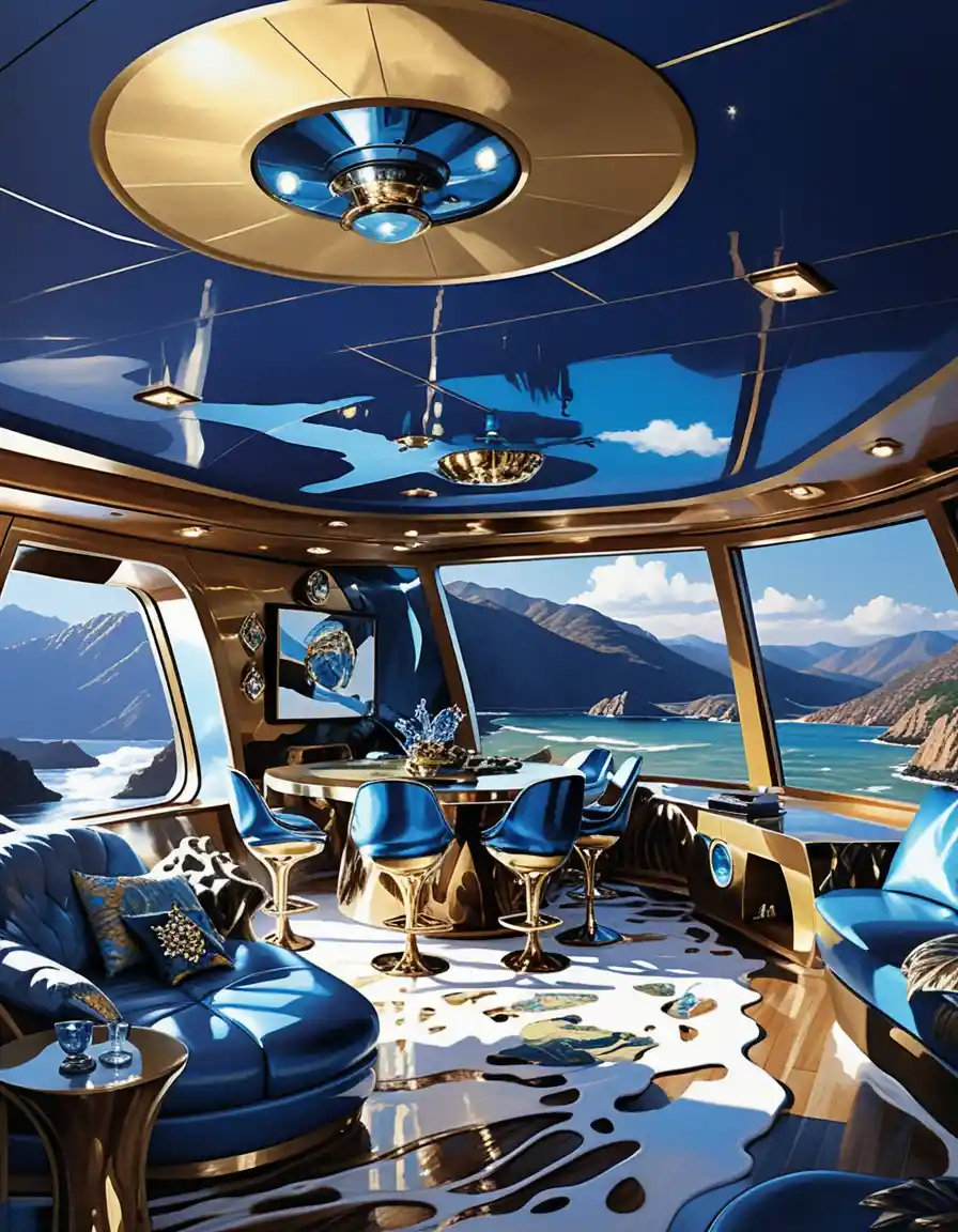 Futuristic luxury houseboat interior glowing against dark mountains