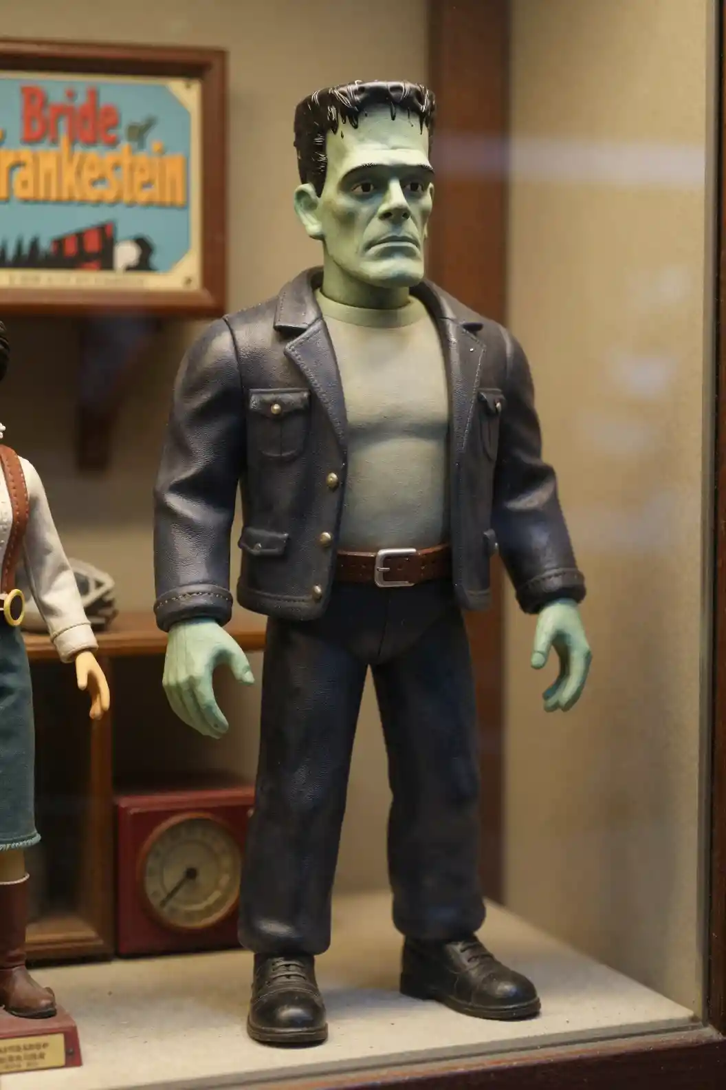 Action figure vintage di Frankenstein nella vetrina di un negozio di giocattoli retrò