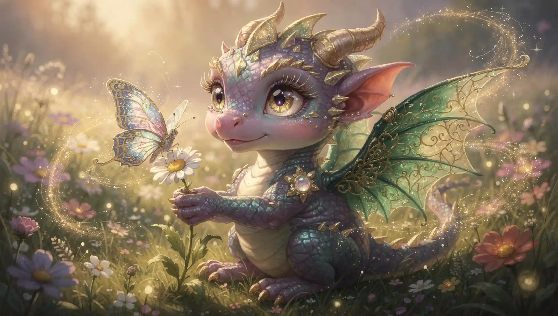 Whimsical baby dragon with butterfly in enchanted meadow