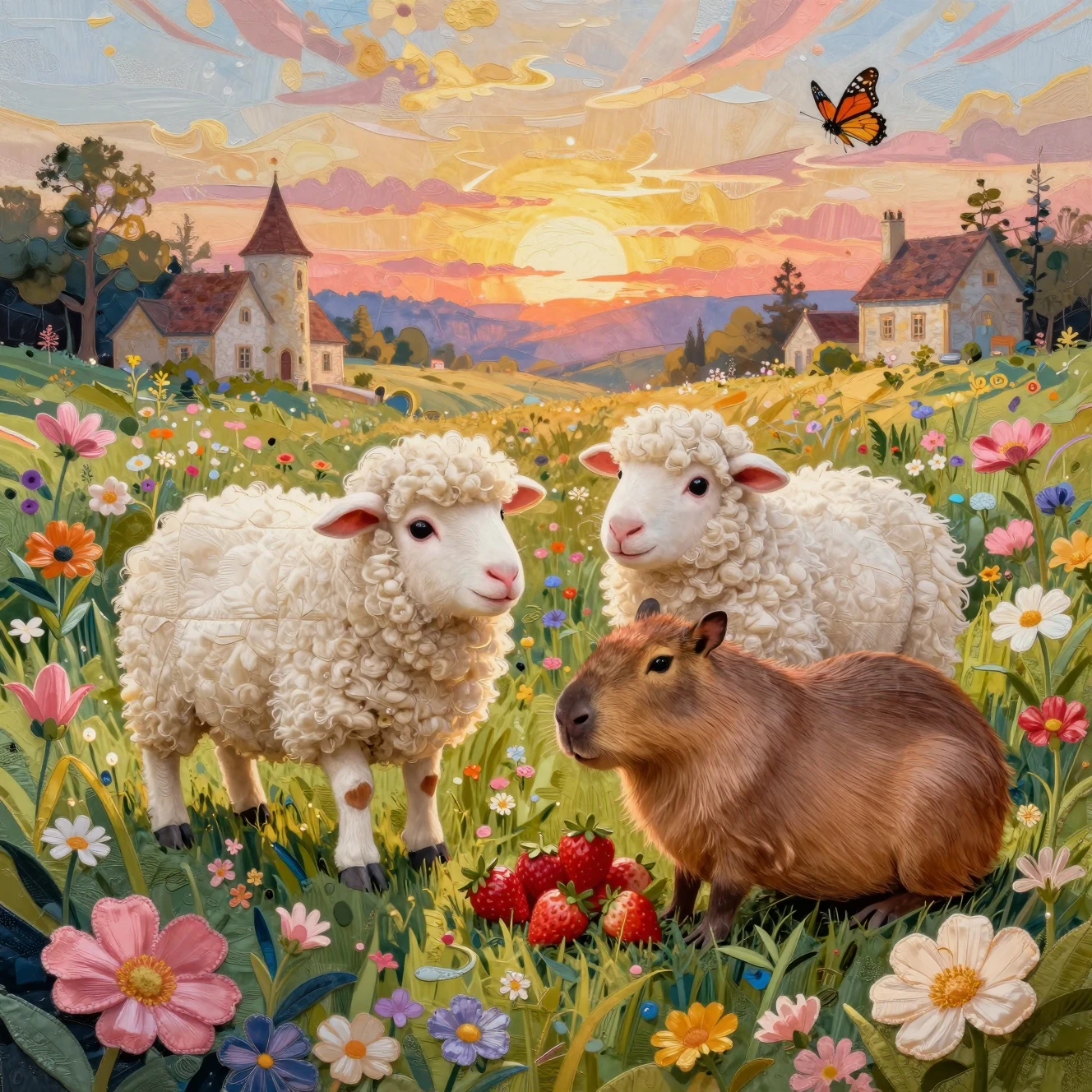 Niedliche Schafe und ein Capybara in einer magischen Blumenwiese