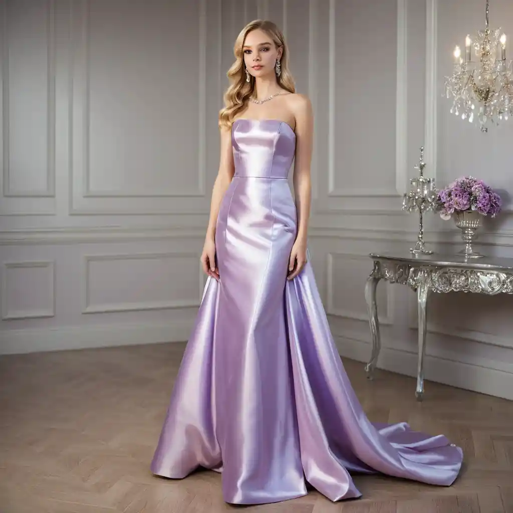 Blonde woman in lilac satin gown in elegant interior