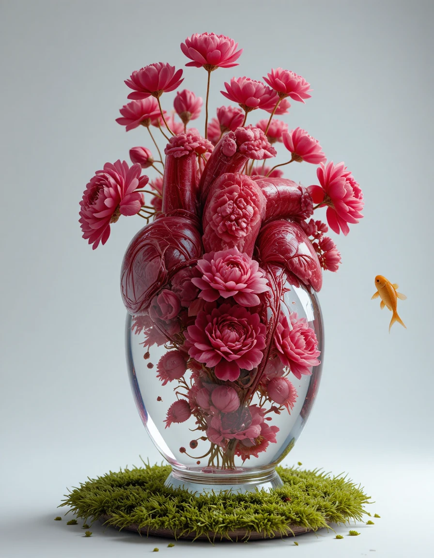 Glass heart vase with red peonies and tiny goldfish