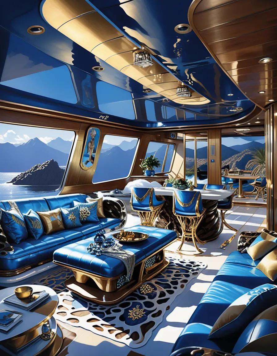 Intérieur futuriste d’un house-boat de luxe brillant dans l’obscurité