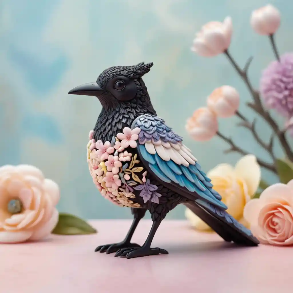 Claymation magpie figurine in soft pastel floral setting