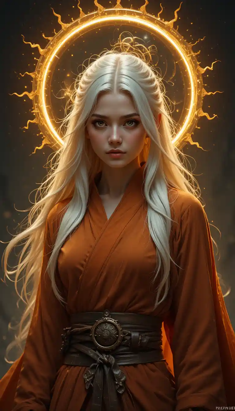 Dark fantasy monk woman with golden eyes and sun aura