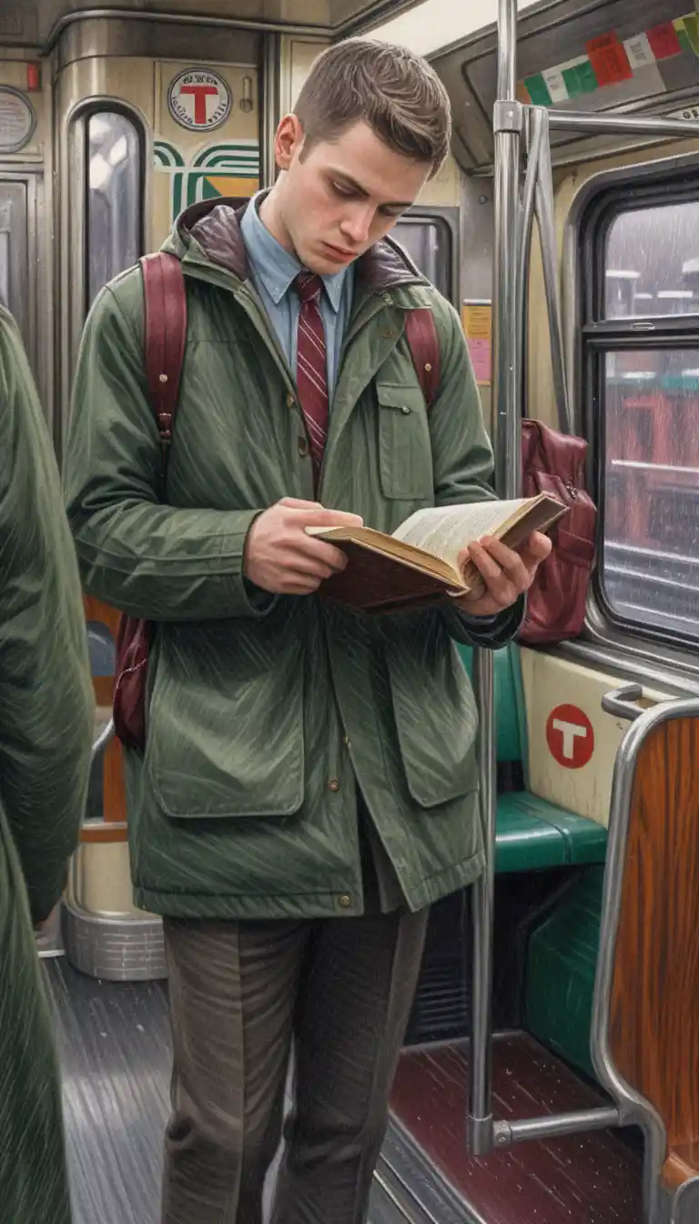 Giovane che legge su un treno della metropolitana vintage di Boston