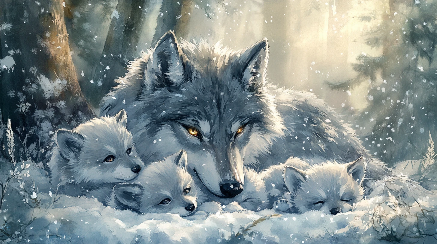Watercolor wolf family cuddling in a snowy forest clearing