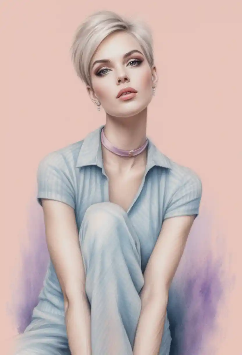 Color pencil portrait of glamorous woman in pink polo