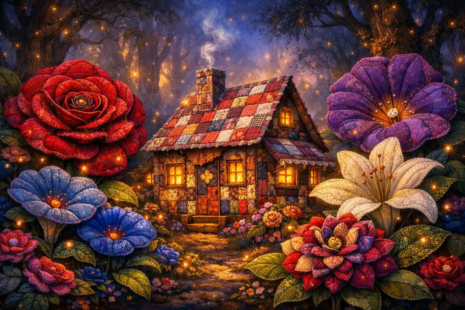 Whimsical Quilted Cabin In A Surreal Twilight Forest