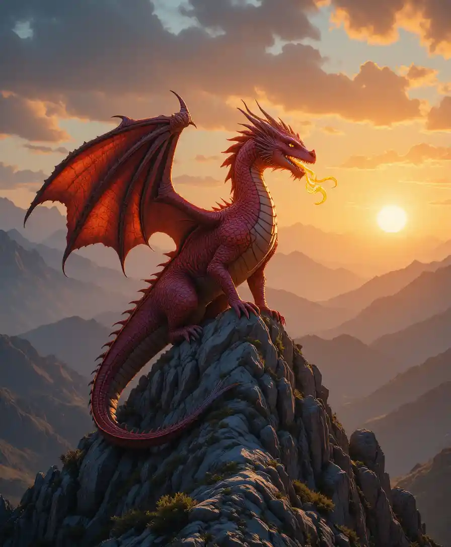 Red dragon on jagged mountain peak at fiery sunset