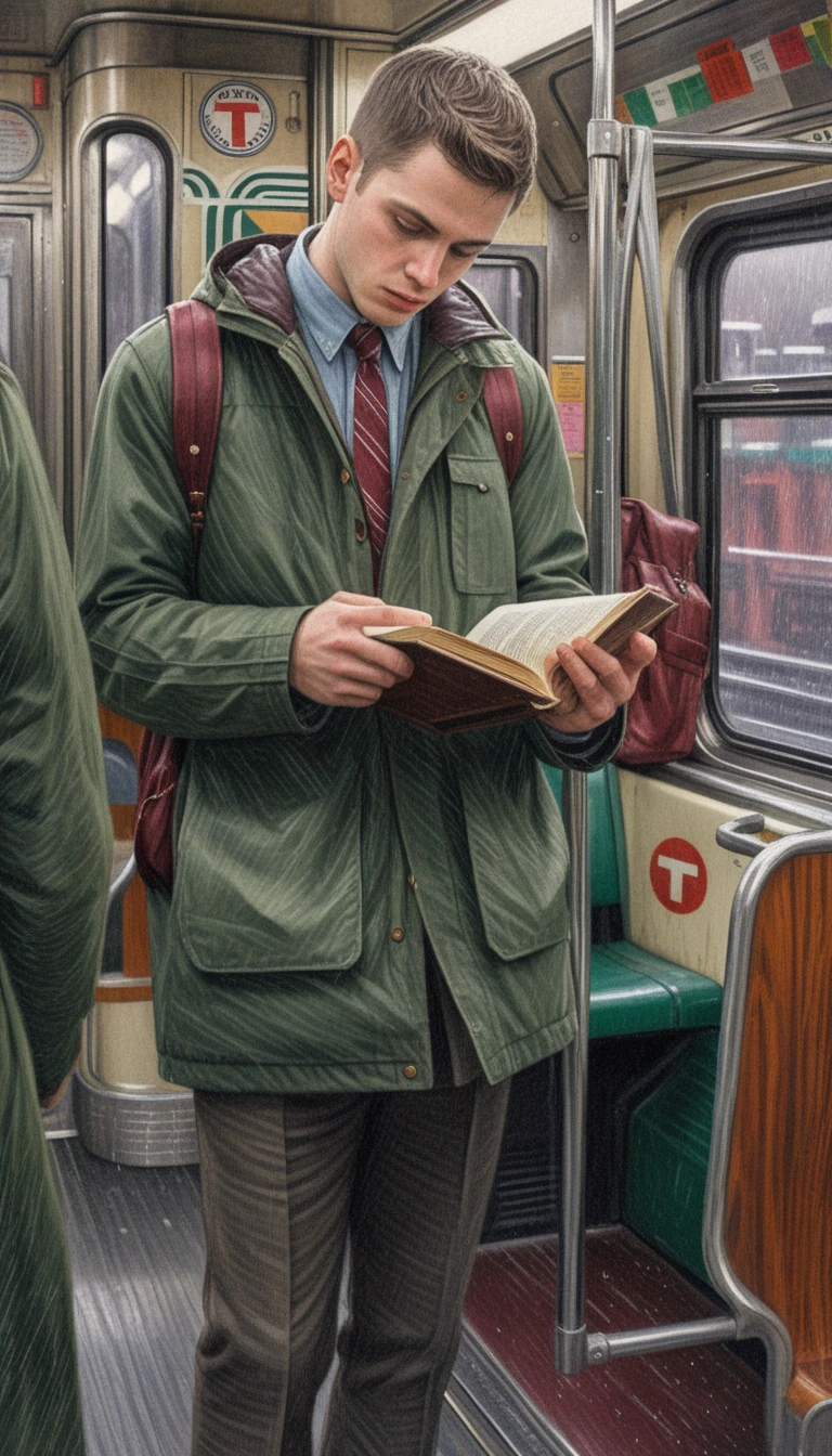 Giovane che legge su un treno della metropolitana vintage di Boston