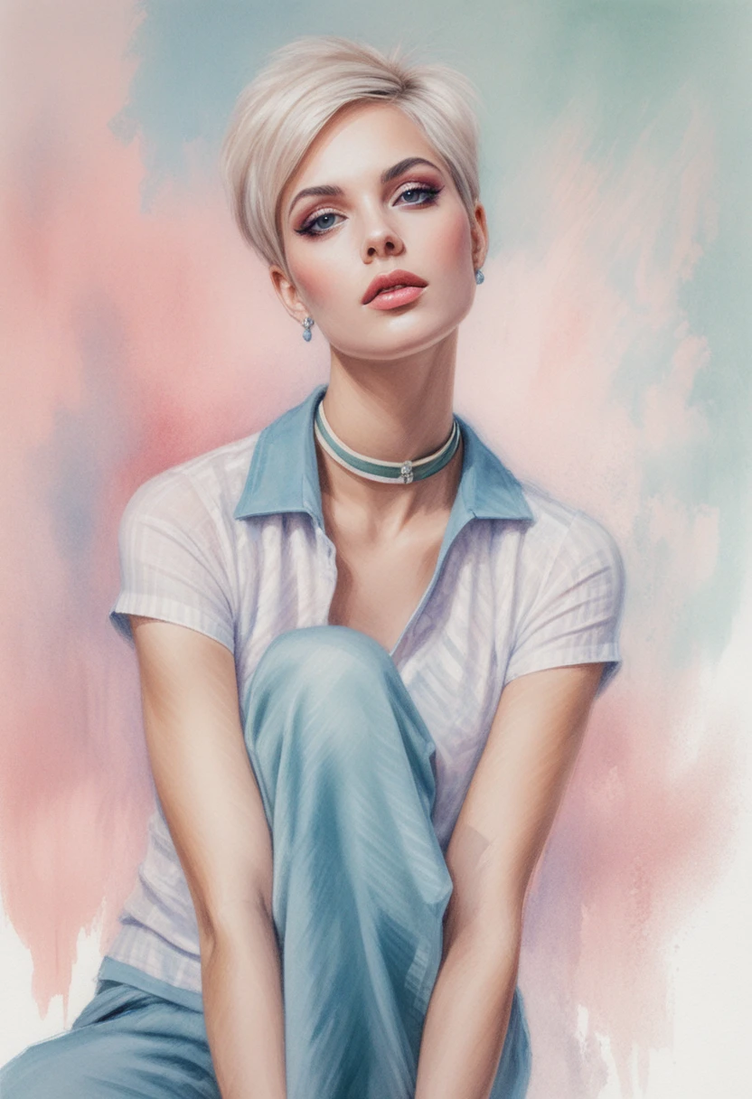 Color pencil portrait of glamorous woman in pink outfit
