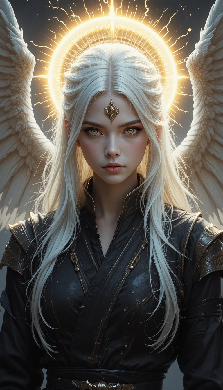 Radiant fantasy monk woman with golden sunlit eyes