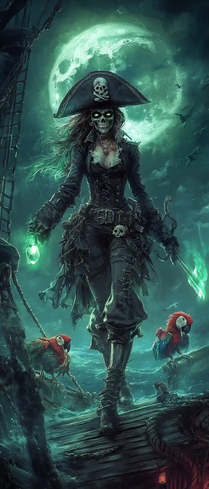 Undead Pirate Captain On Ghost Ship Under Full Moon