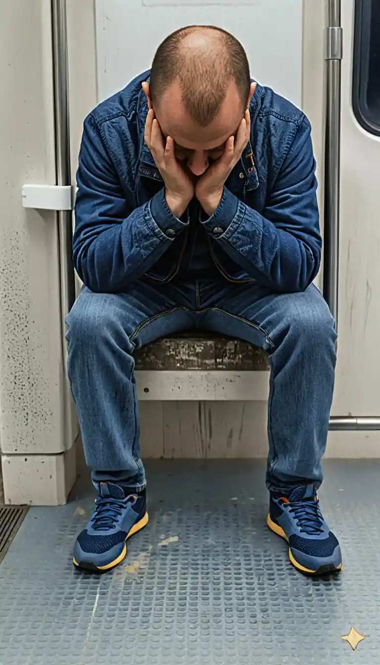 Hombre desesperado sentado en un banco del metro – dibujo