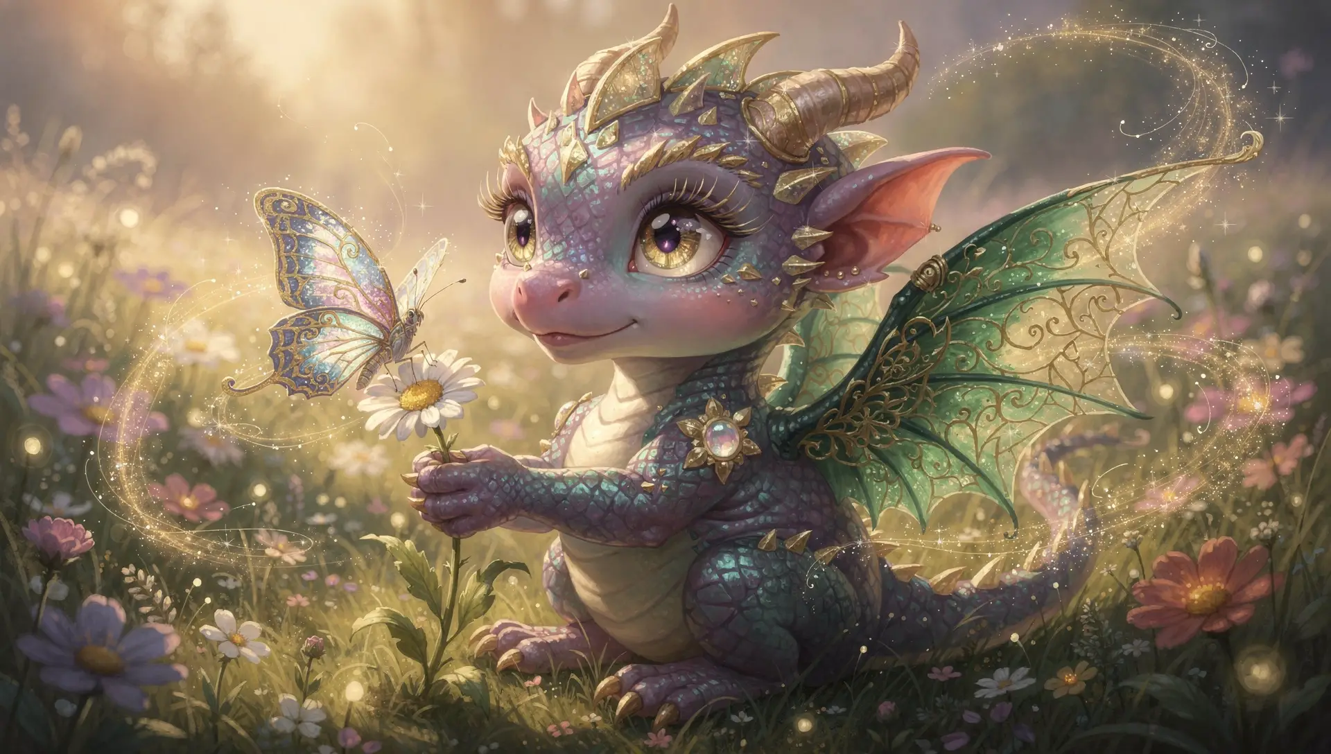 Tierno dragón bebé con mariposa en un prado encantado