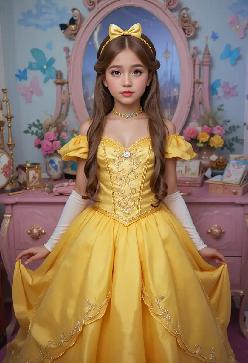 Vorpubertärer Junge im Prinzessinnenkleid posiert an einem Schminktisch in Disneyland
