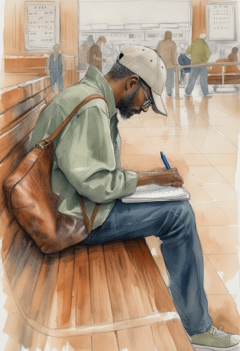 Urban Sketch eines schreibenden Mannes auf einer Bank im Bahnhof