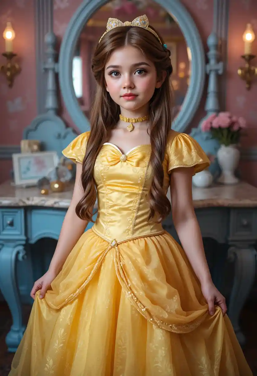 Tween boy in Belle costume at a whimsical Disneyland vanity