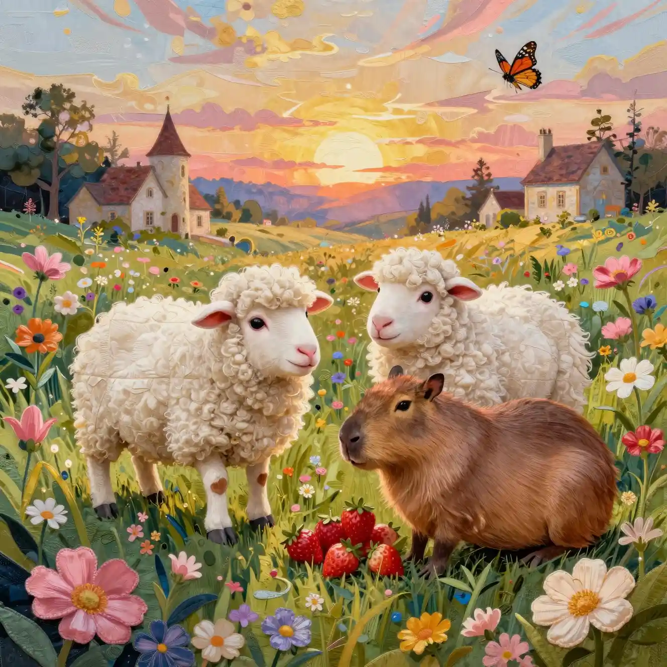 Cute sheep and capybara in a magical flower meadow