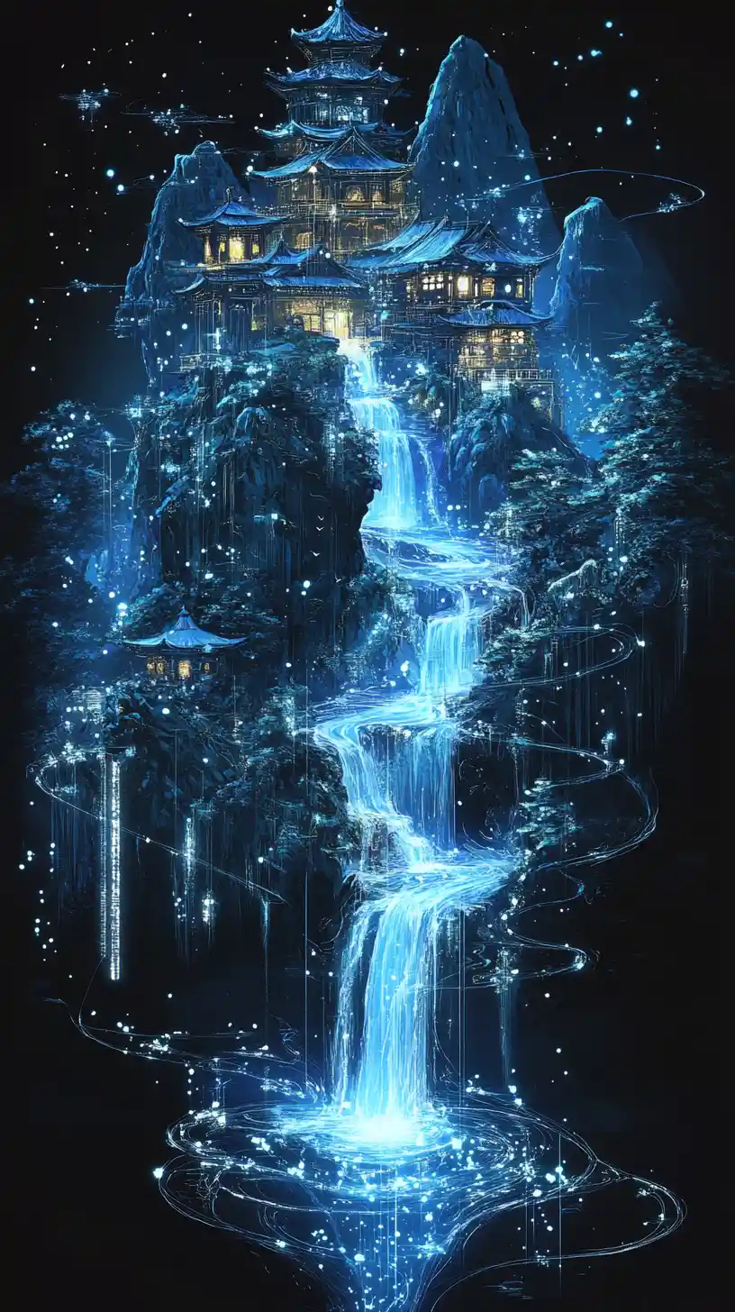 Glowing blue mountains and pagodas unfolding from icy scroll