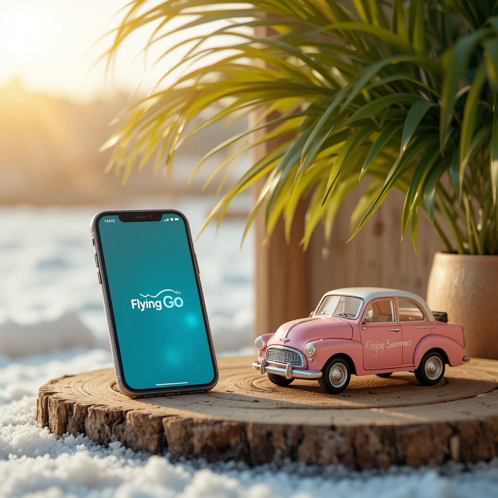 Smartphone sobre escritorio de madera flotante con decoración de auto rosa de verano