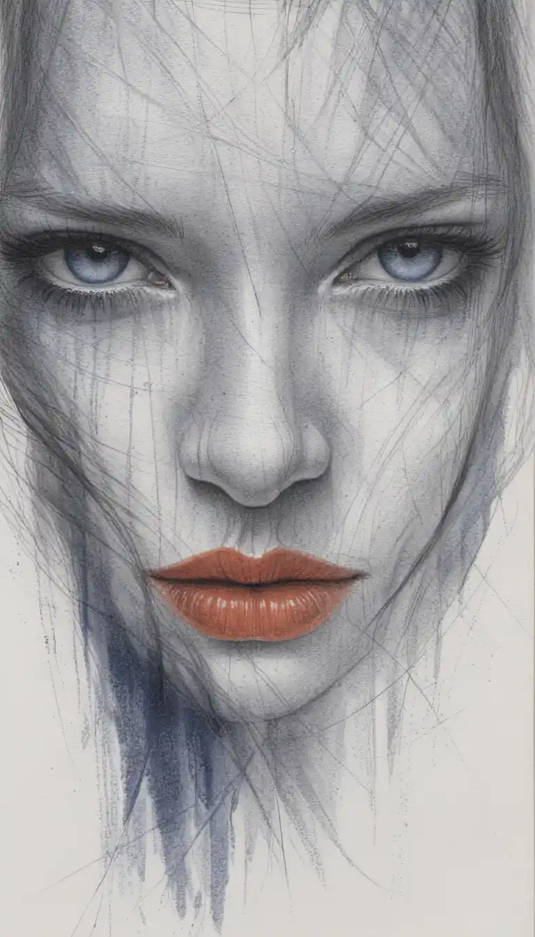 Retrato a lápis de uma mulher com olhos azuis e lábios vermelhos