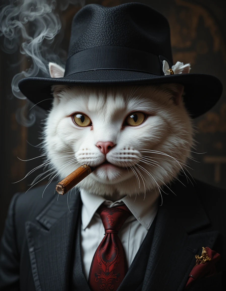 Boss mafioso gatto bianco in abito nero e cappello fedora