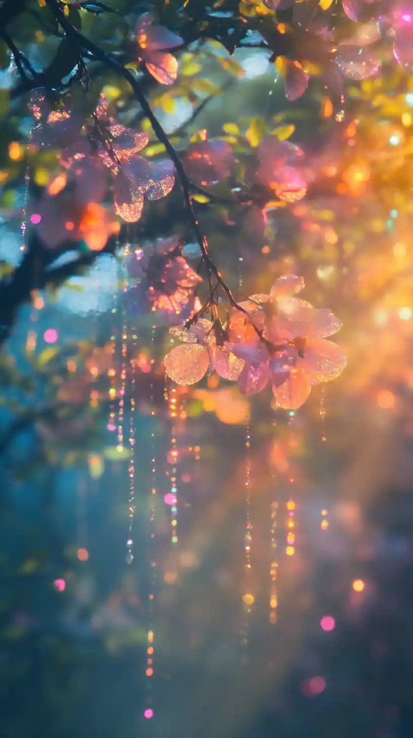 Crystal blossomed forest trees glowing in soft rainbow light