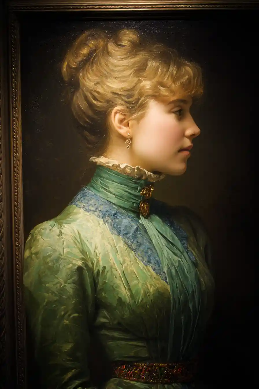 Young woman oil portrait glowing in soft window light