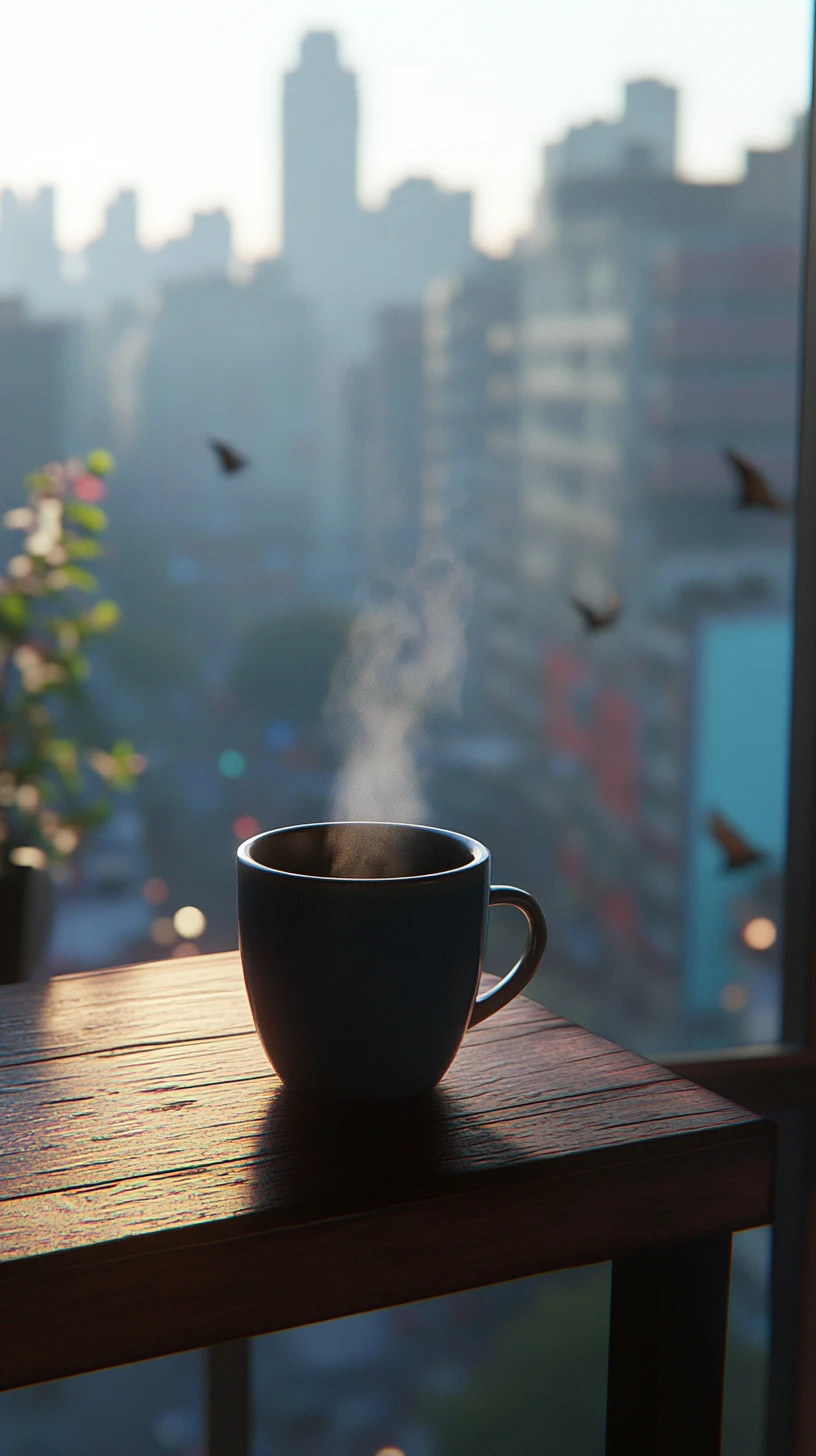 Taza de café humeante sobre una mesa de madera sobre la ciudad que despierta