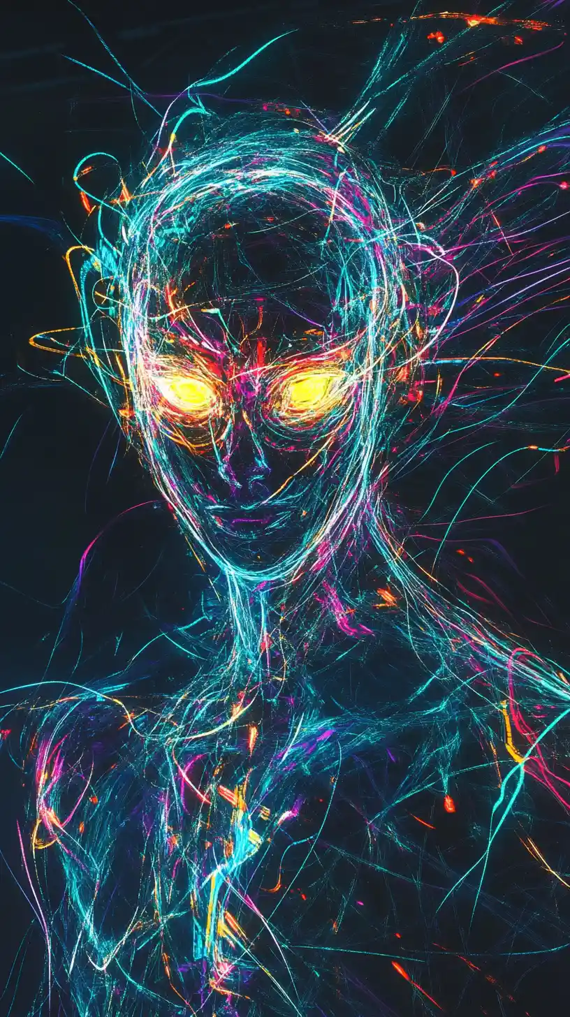 Glowing abstract human figure with luminous circular eyes