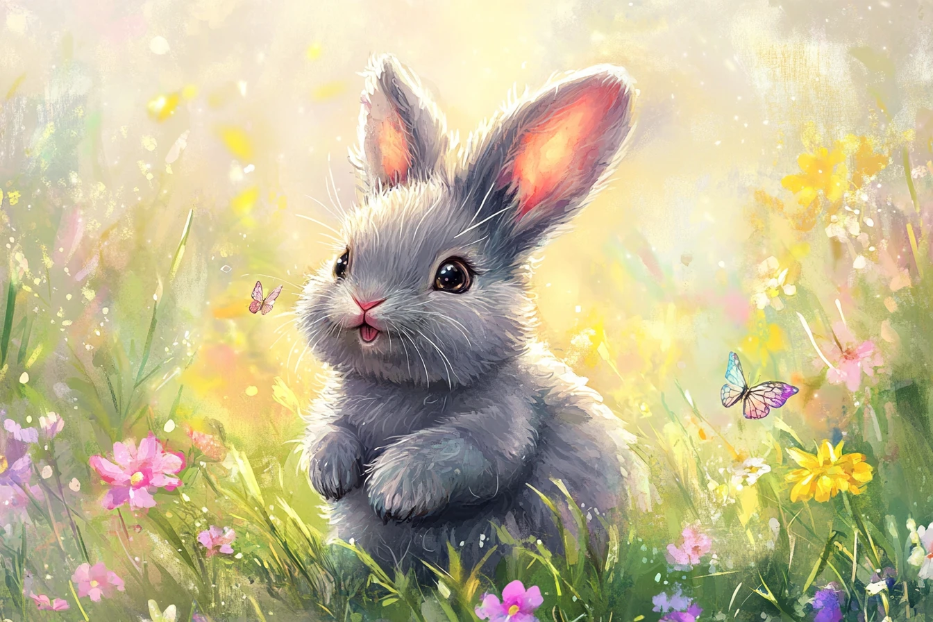 Chubby baby rabbit in a sunny watercolor meadow