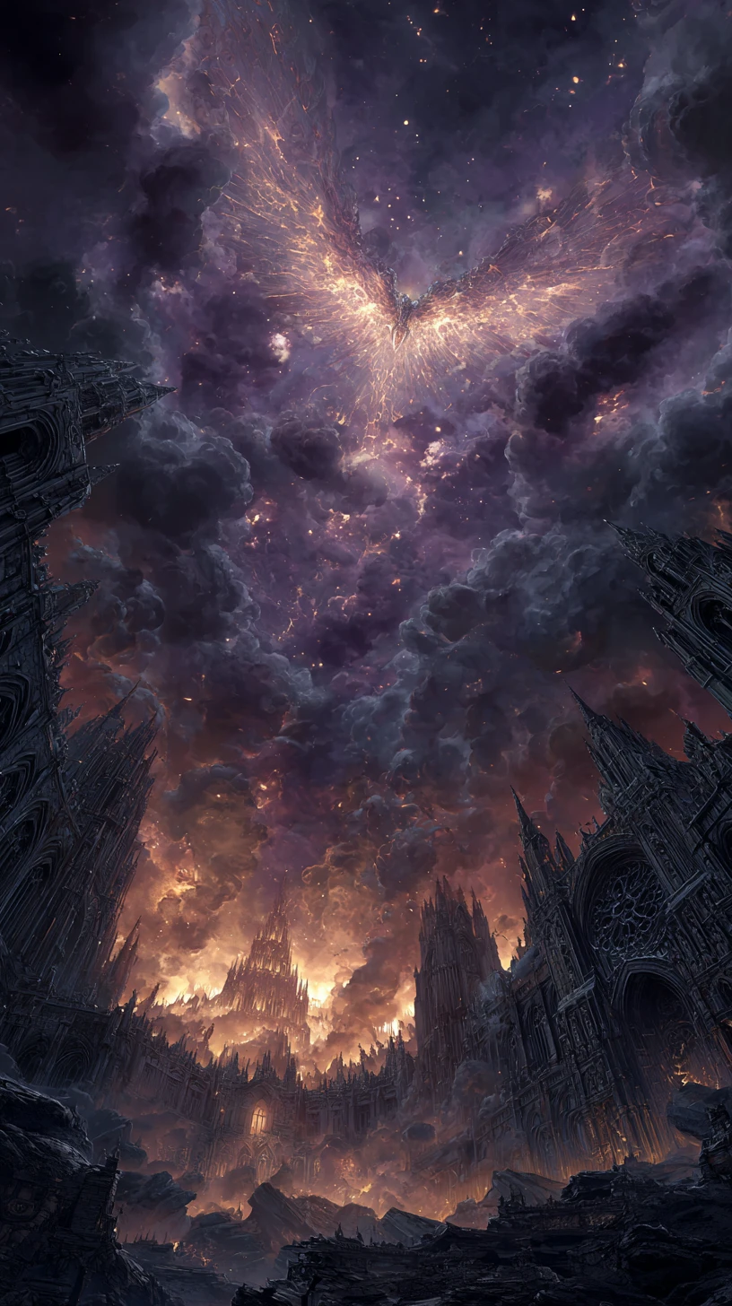 Antica fenice di magma che si innalza sopra una cattedrale gotica in rovina