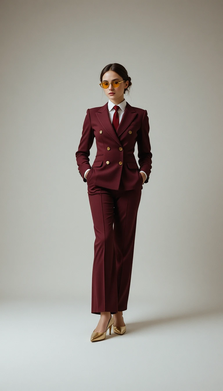 Donna sicura di sé in tailleur bordeaux in un ritratto in studio