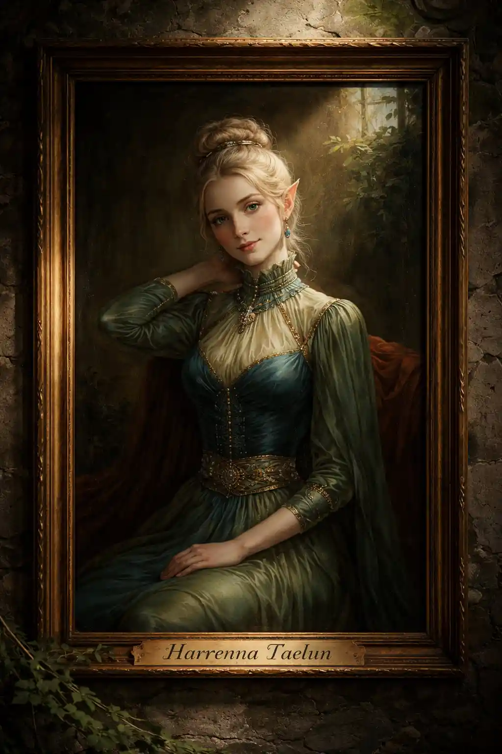 Young woman in glowing oil portrait with satin dress