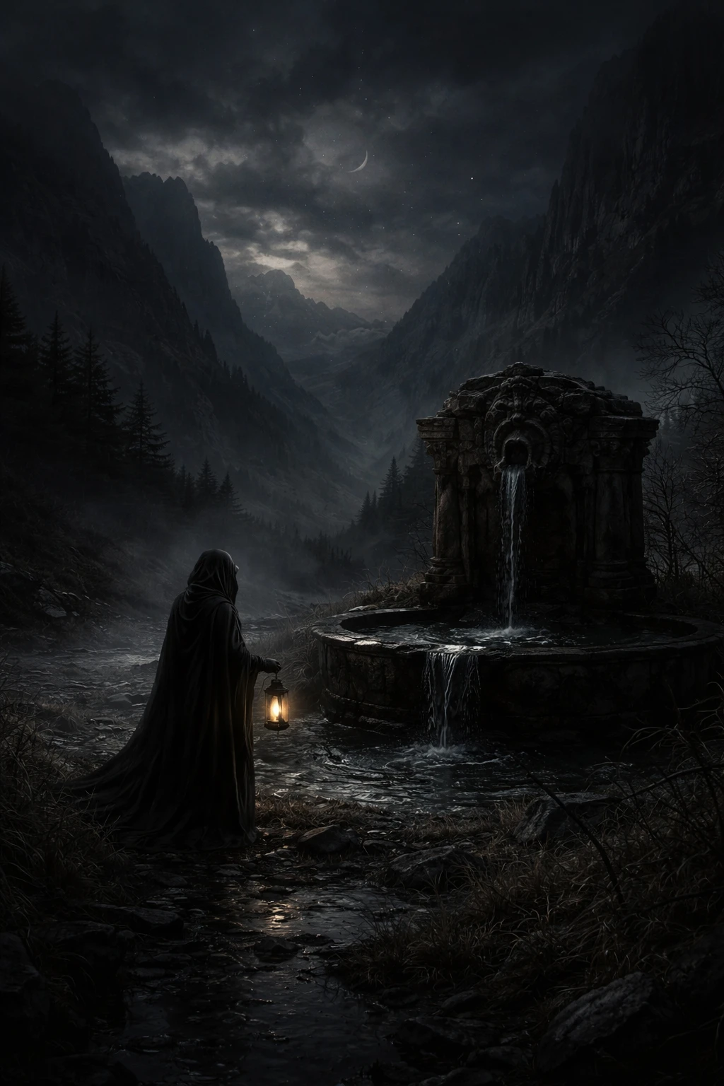 Figura solitaria junto a una fuente de montaña bajo el cielo nocturno