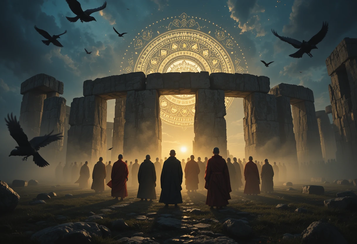 Monks Gather At Stonehenge Under A Mystical Night Sky