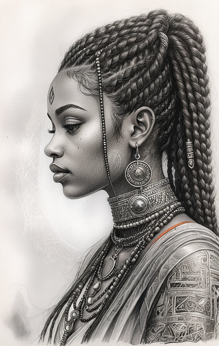 佩戴飾品的女戰士側臉鉛筆素描肖像