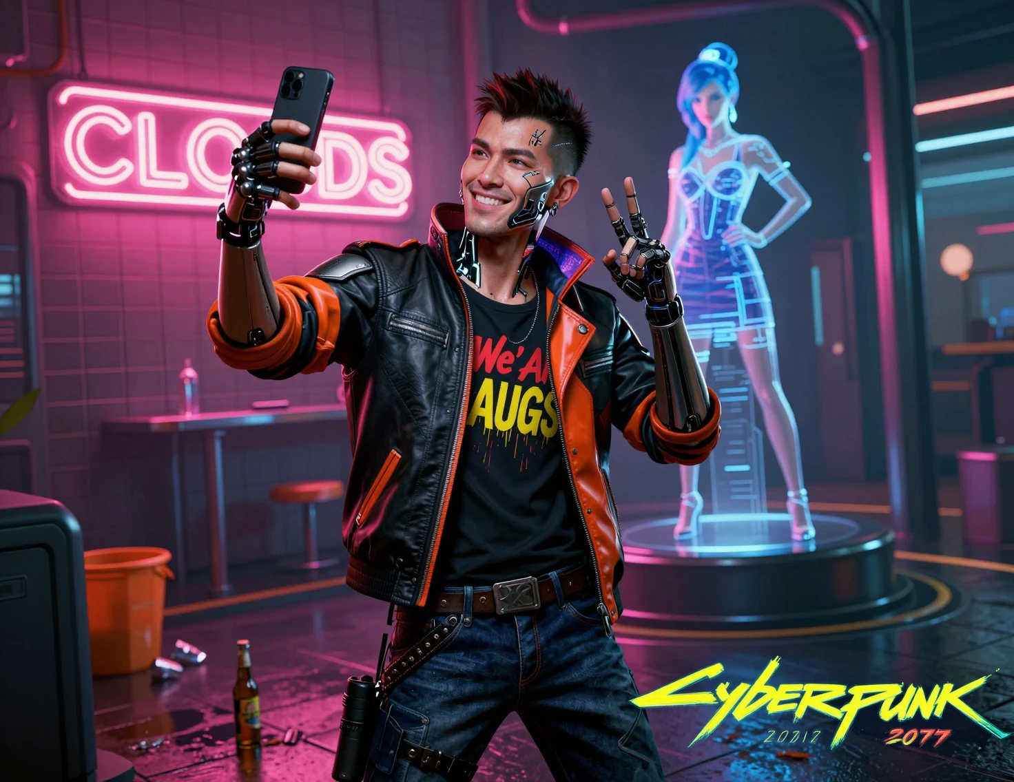 Homem cyberpunk tirando selfie em neon na frente de uma balada