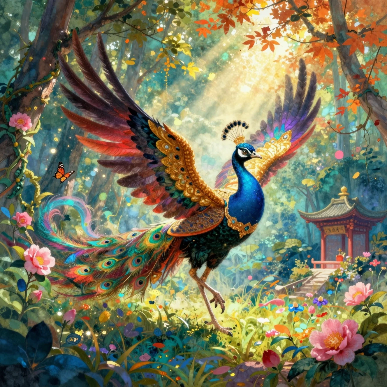 Mythischer Pfau in goldener Pracht, der im Herbstwald tanzt