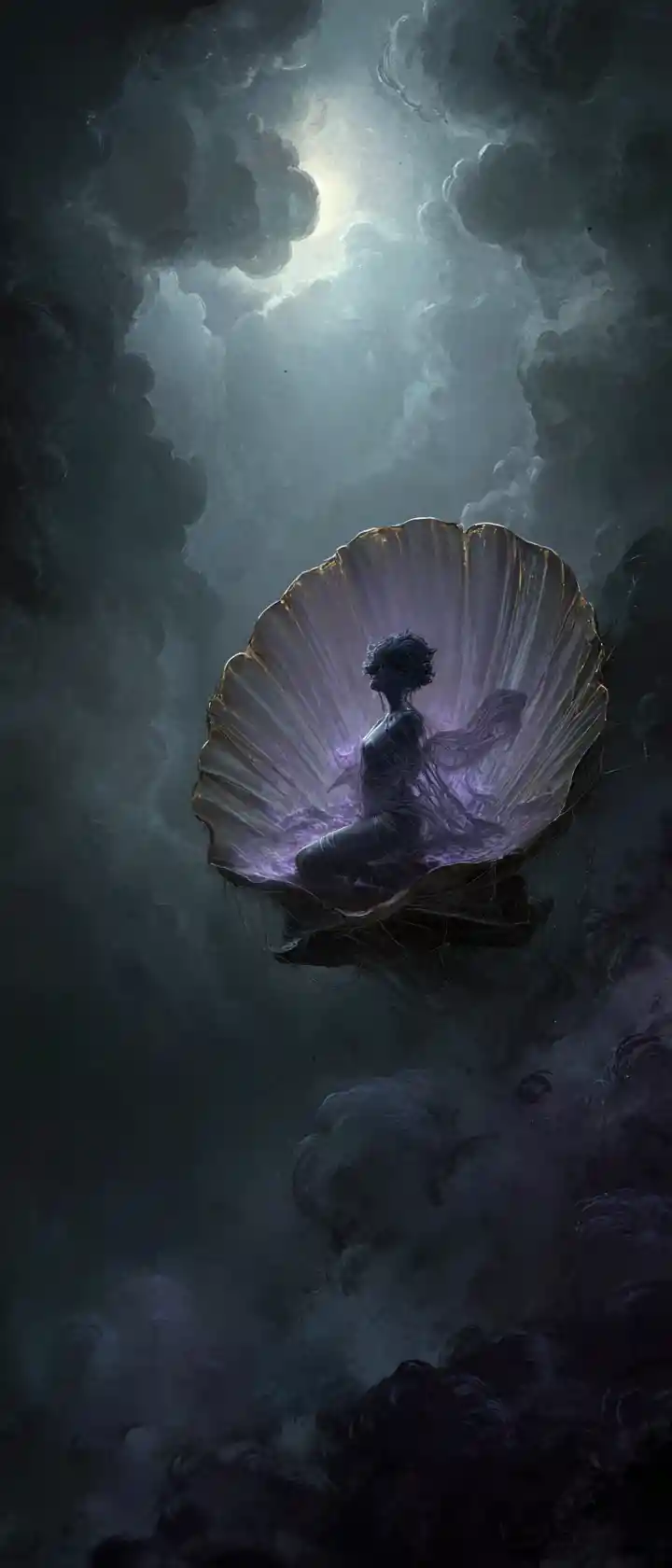 Dark mystical demon woman emerging from scallop shell