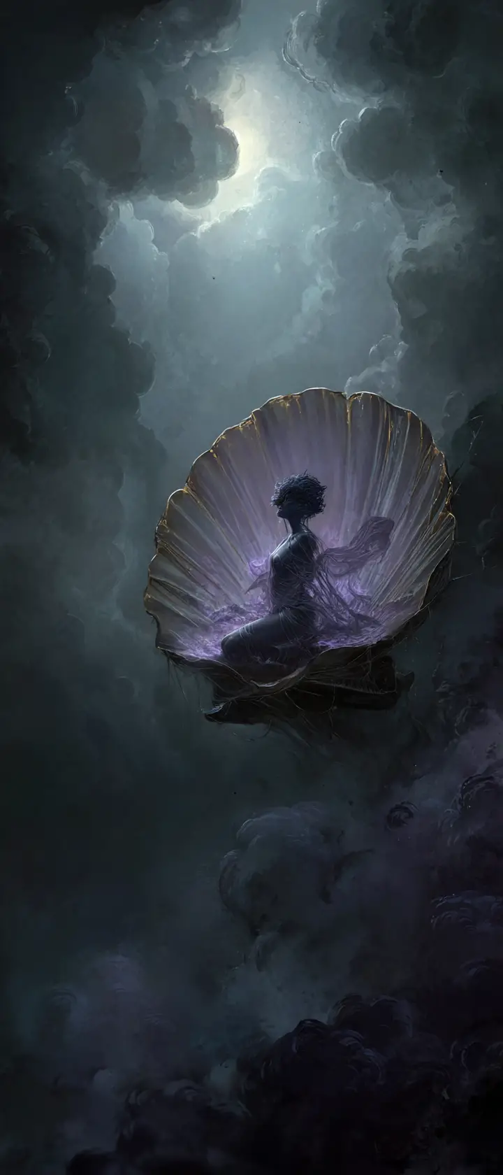 Dark mystical demon woman emerging from scallop shell